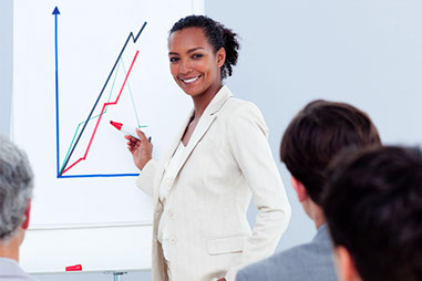 Image of women giving a business proposal in front of co-workers.