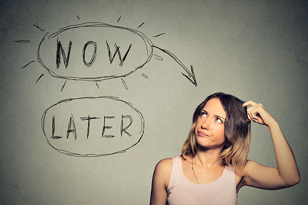 Image of women thinking with words "now" and "later" written.