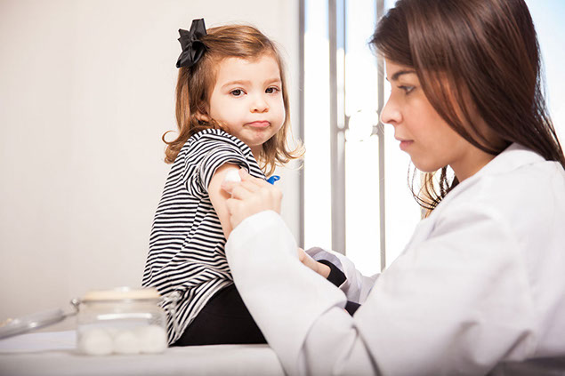 Image of toddler getting a shot by a doctor.