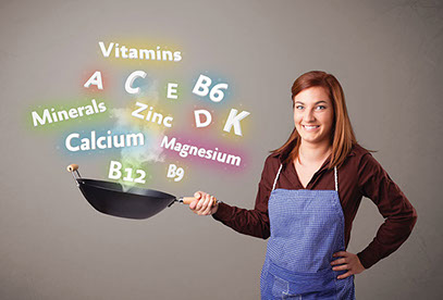 Concept image of young women with cooking pan and different vitamins words above.