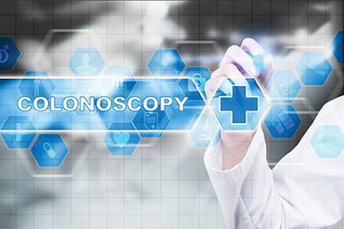 Illustration of doctor's hand with the word "Colonoscopy."