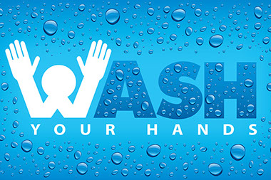 Water drop illustration with the words "Wash your hand".