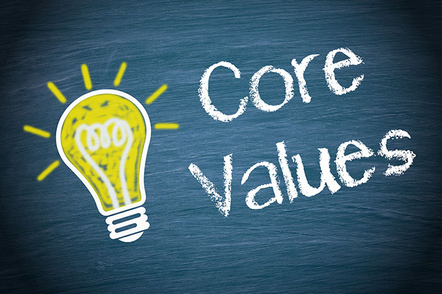 Chalk illustration of light blub and "Core Values" written.