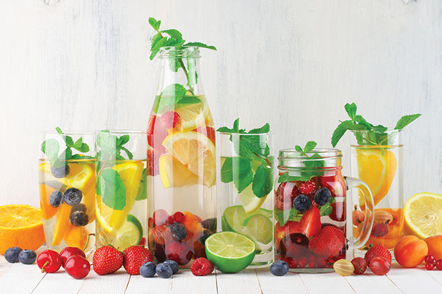 A variety of flavored water.