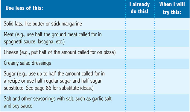 Chart of ideas on using less of ingredients.