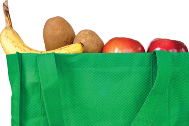 Image of green re-usable bag with fruit.