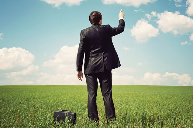 Image of business man in an open field, pointing to the sky.