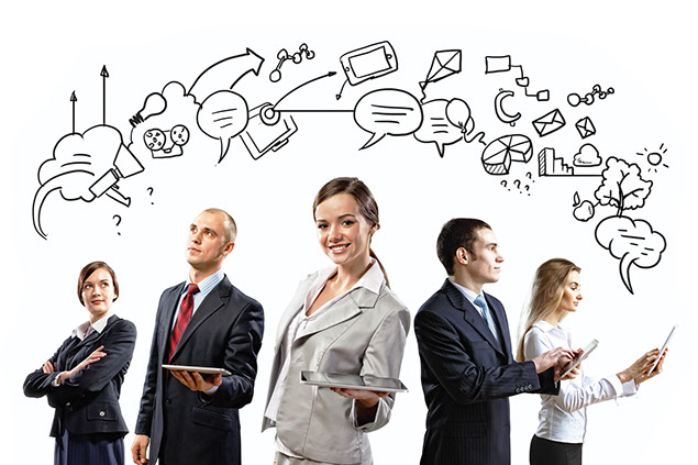 Concept image of co-workers with graphics above them.