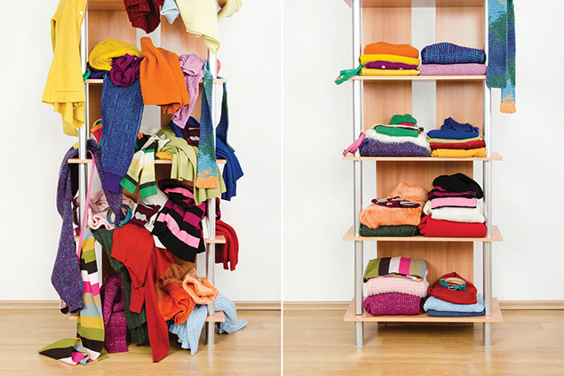 Side by side image of clutter, unorganized clothes and neat folded clothes.