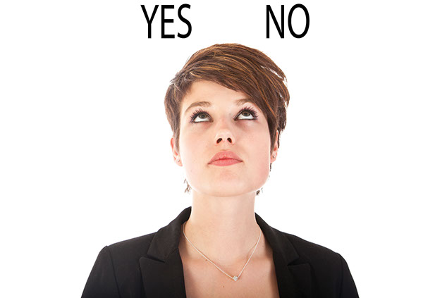Image of women looking up at the words, 'Yes' and 'No'.