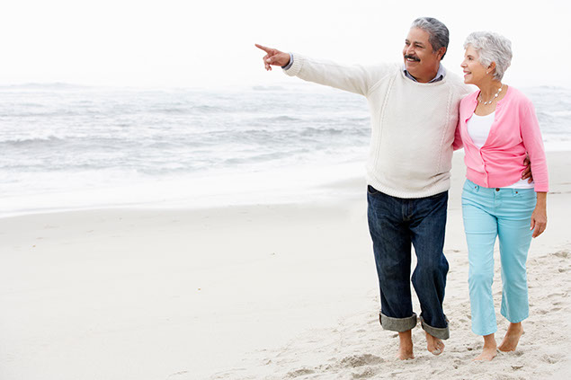 Image of older Hispanic couple walking on the beach.