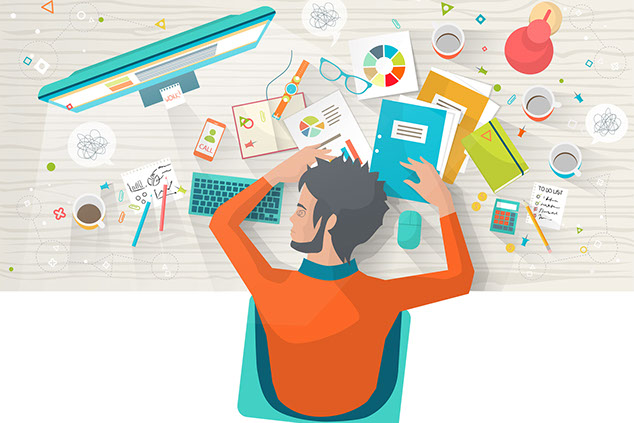 Illustration of man with head down on messy desk.