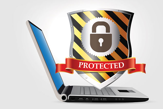 Image of laptop with shield and lock key.