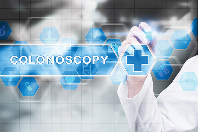 Illustration of doctor's hand with the word "Colonoscopy."