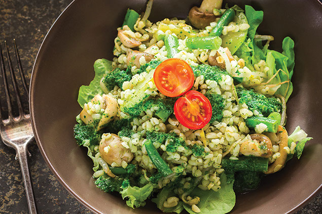 Image of veggie barley salad with orange vinaigrette.