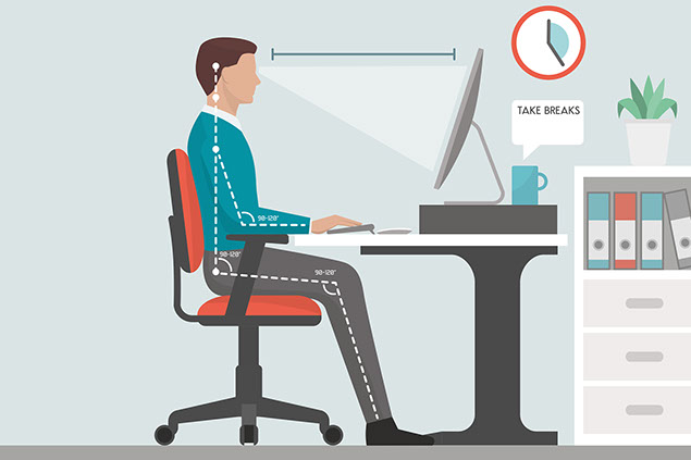Illustration of correct posture while sitting at a desk.