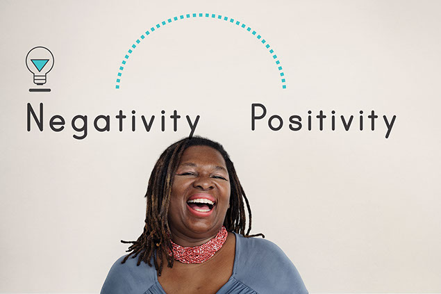 Image of laughing women with the words "Negativity" and "Positivity" written above her.