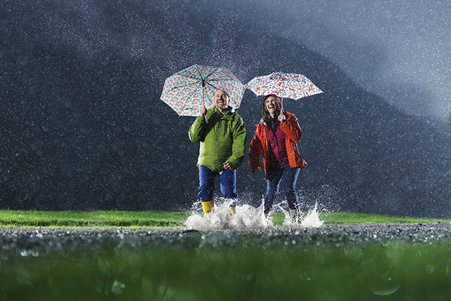 Image of a couple jumping in a puddle while it's raining.