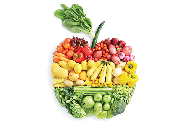 Image of different vegetables shaped into an apple.