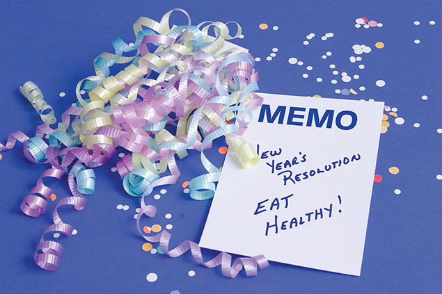 Image of a memo with the note saying 'New year's resolution eat healthy!'