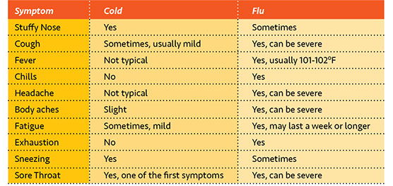 Chart showing symptoms of the cold vs the flu.