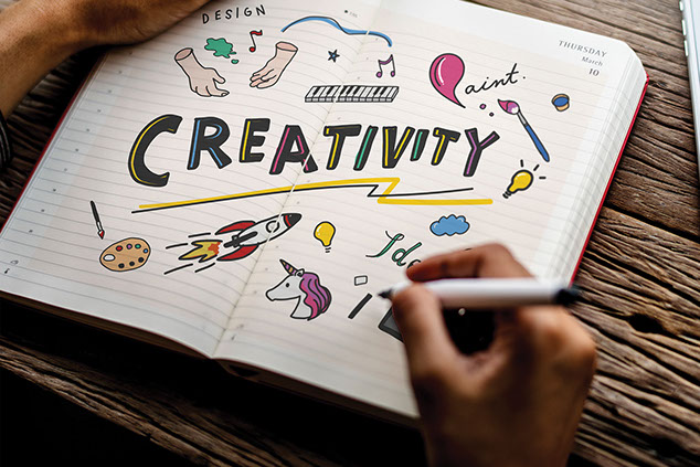 Notebook with creativity spelled out along with other drawings.