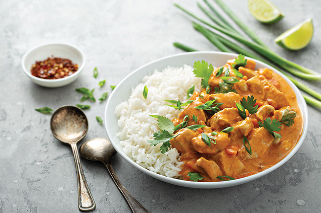 A plate of chicken curry with rice.