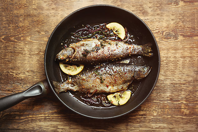 Fish in frying pan.