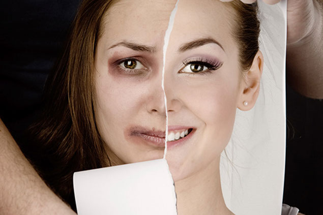 Image of face split, half abused and other half with a photo showing non-abused face.