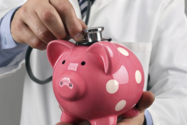 Image of doctor and piggy bank.