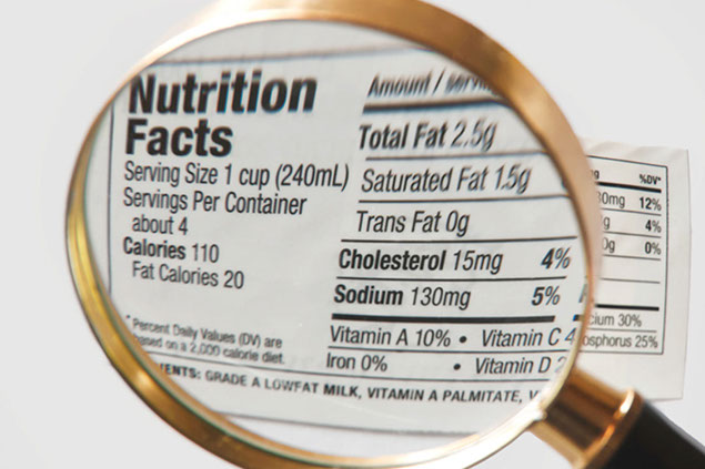 Image of magnifying glass over a nutrition label.
