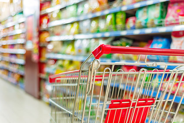 Image of an empty cart in a grocery store.