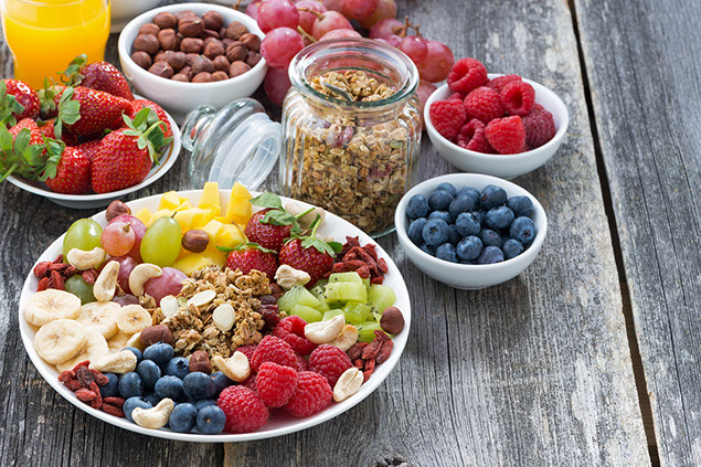 Image of varity of fruits and nuts ready to eat.