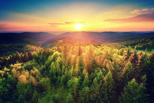 Image of sunset over mountains and trees.