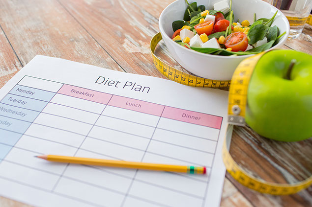 Image of meal plan with apple and tape measure.