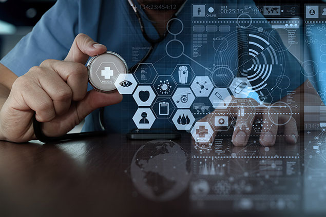 Image of doctor with medical icons.