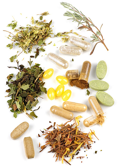 Different vitamins, minerals and herbal supplements.